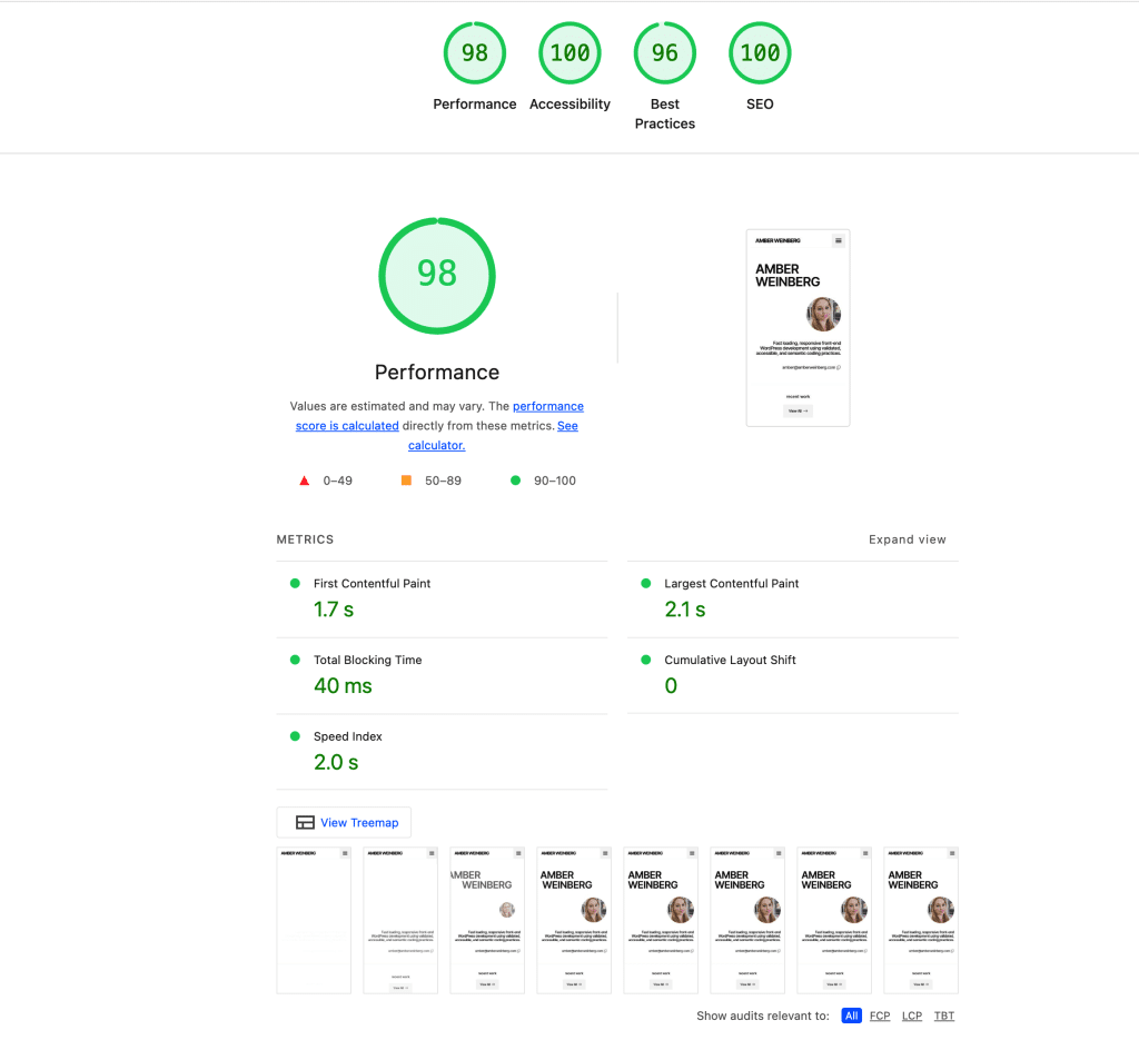 Google lighthouse score of 98 on mobile!