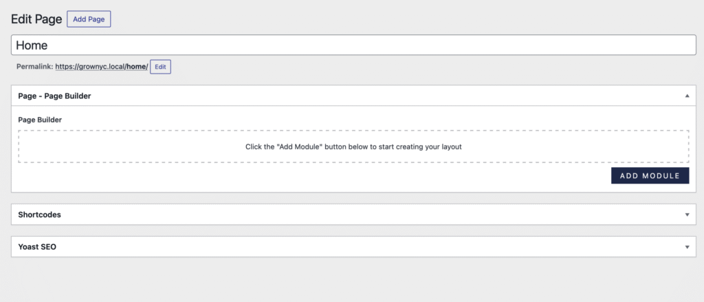 screenshot of an ACF page builder template with no modules added