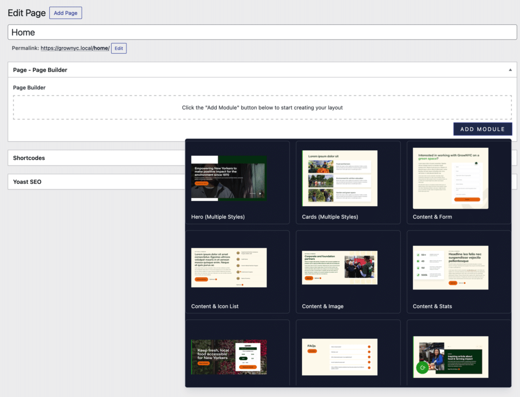 screenshot of an acf page builder template with the modules list opened
