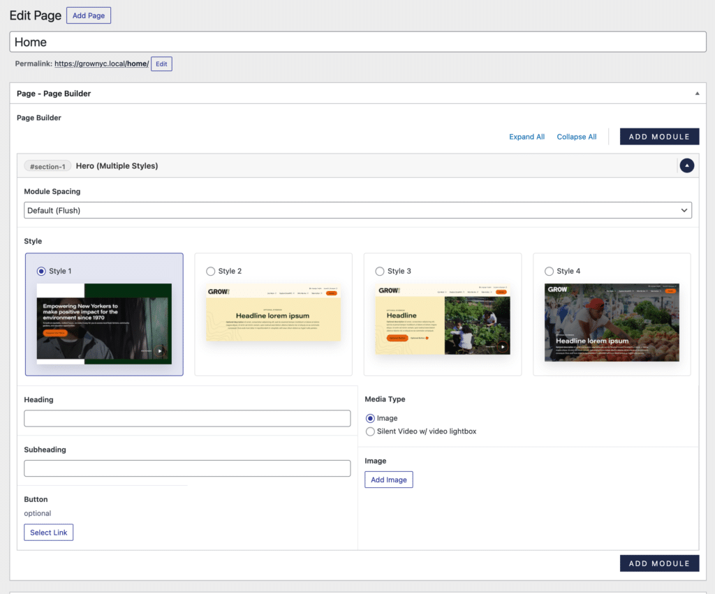 screenshot of an acf builder module with options