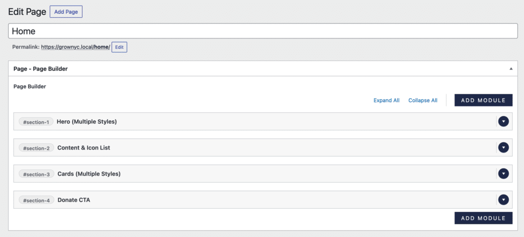 screenshot of an acf builder template showing multiple collapse modules in an accordion list