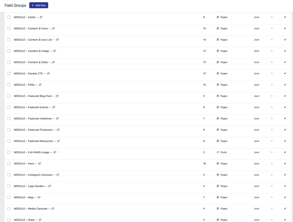 a screenshot of the acf field groups list