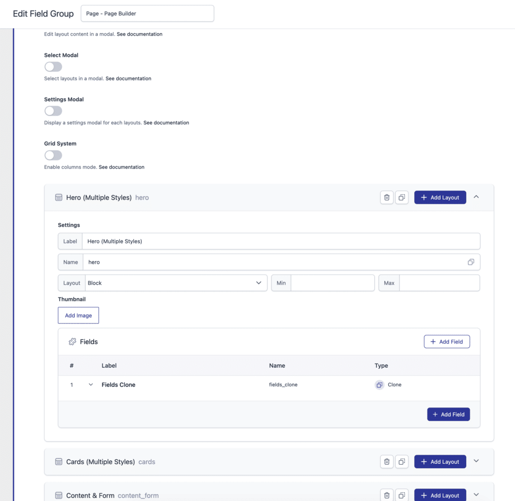 screenshot of the acf flexible content field with cloned modules inside each layout field