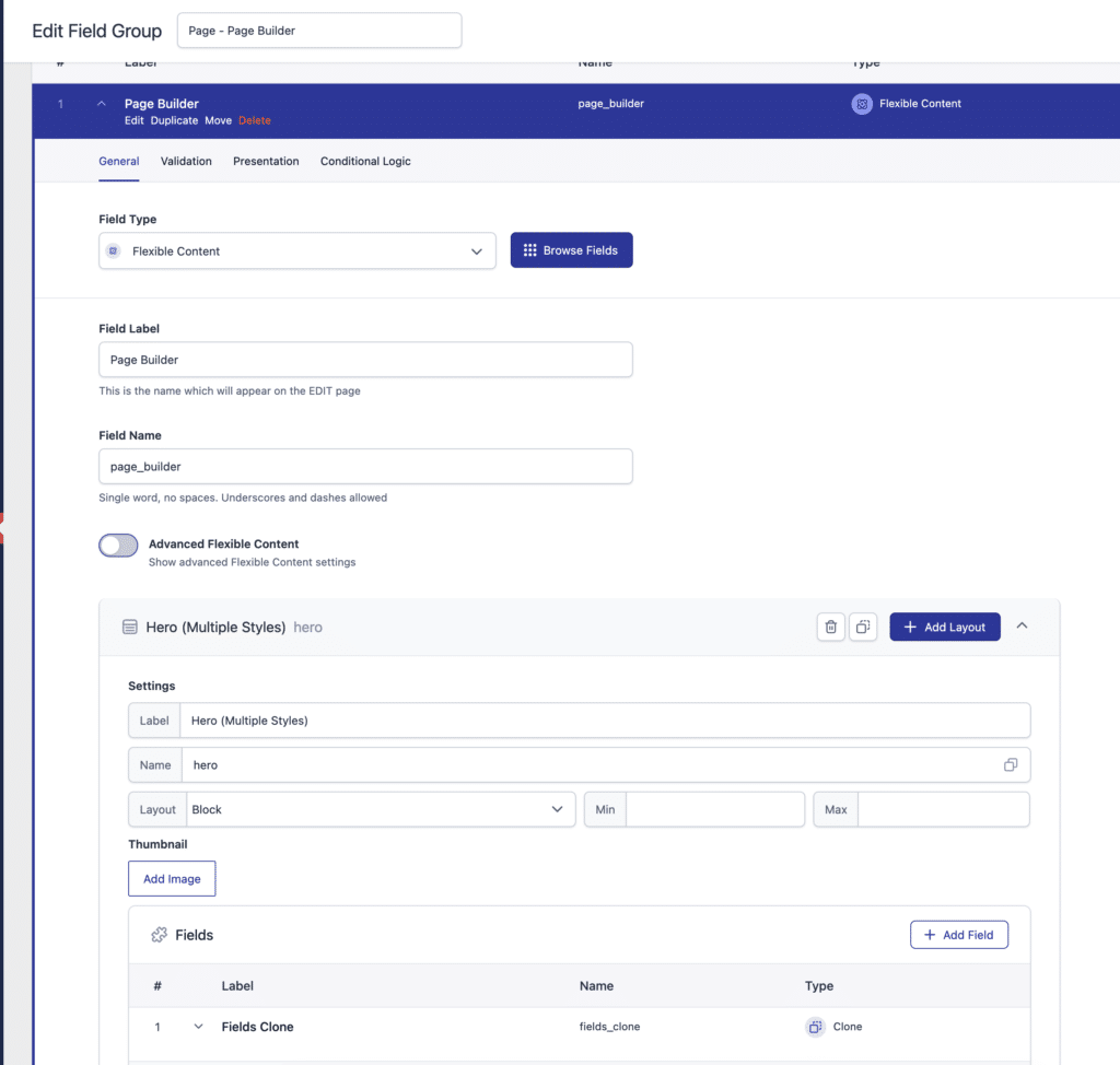 screenshot of a flexible content field without advanced flexible content option turned on